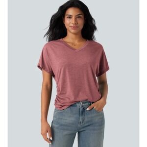 Halara Womens V-neck Short Sleeve Ruched Relaxed Casual Top Mauve XL